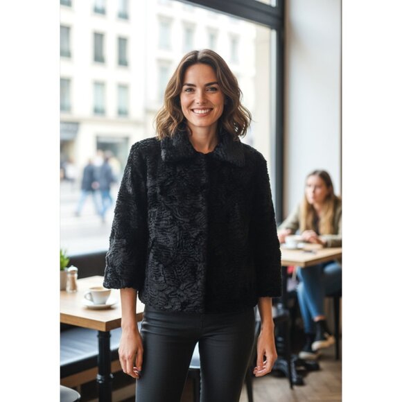 Chico’s Black Faux Fur Persian Lamb Cropped Jacket Size 2 (M/L 12/14) - Picture 1 of 6
